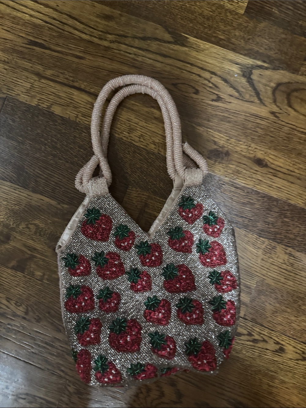 Beaded Strawberry Tote Bag in Pink
